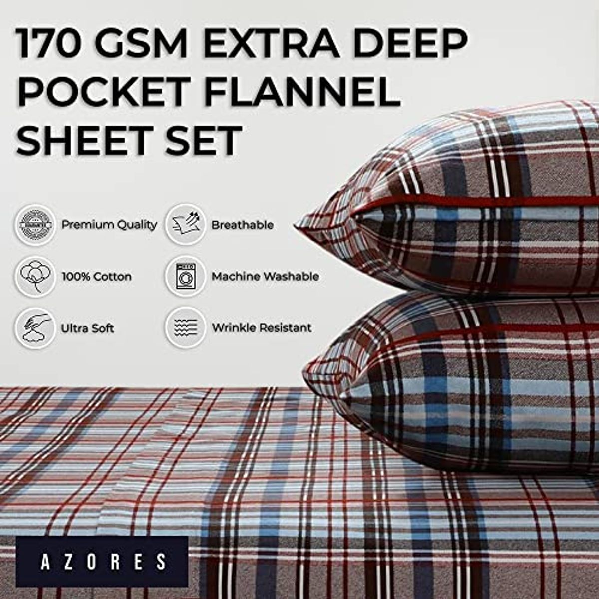 Tribeca Living Brentwood Plaid Flannel Twin Sheet Set, Super Soft 100% Cotton, Extra Deep Pockets, Brown