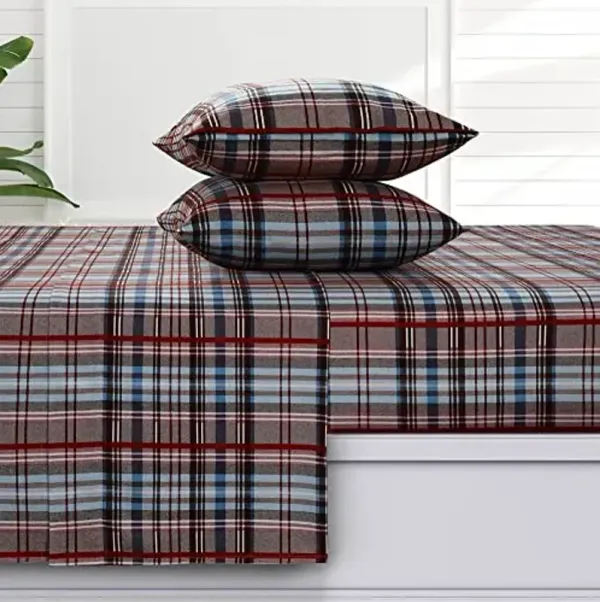 Tribeca Living Ultra Soft Turkish Cotton Flannel Twin Sheet Set with Extra Deep Pocket, 100% Cotton Flannel Sheets 3 Piece Set, Brentwood Plaid 170-GSM