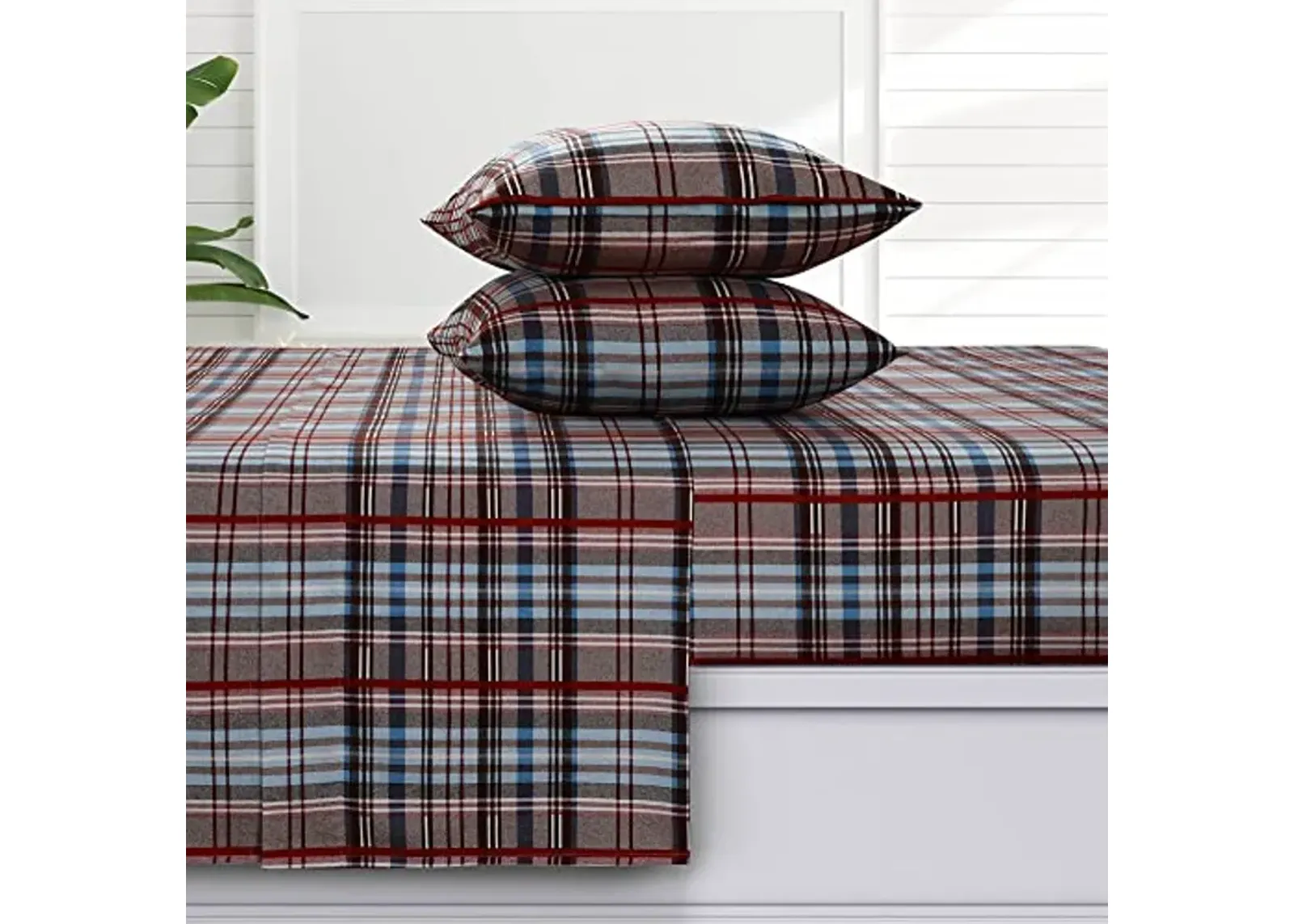 Tribeca Living Brentwood Plaid Flannel Twin Sheet Set, Super Soft 100% Cotton, Extra Deep Pockets, Brown