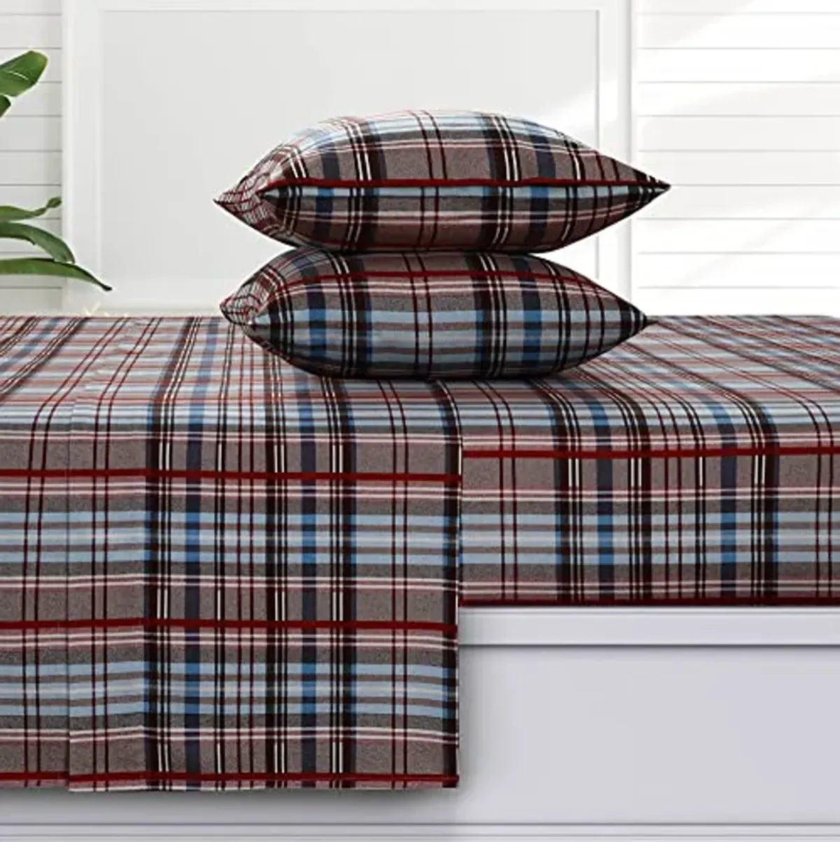 Tribeca Living Brentwood Plaid Flannel Twin Sheet Set, Super Soft 100% Cotton, Extra Deep Pockets, Brown