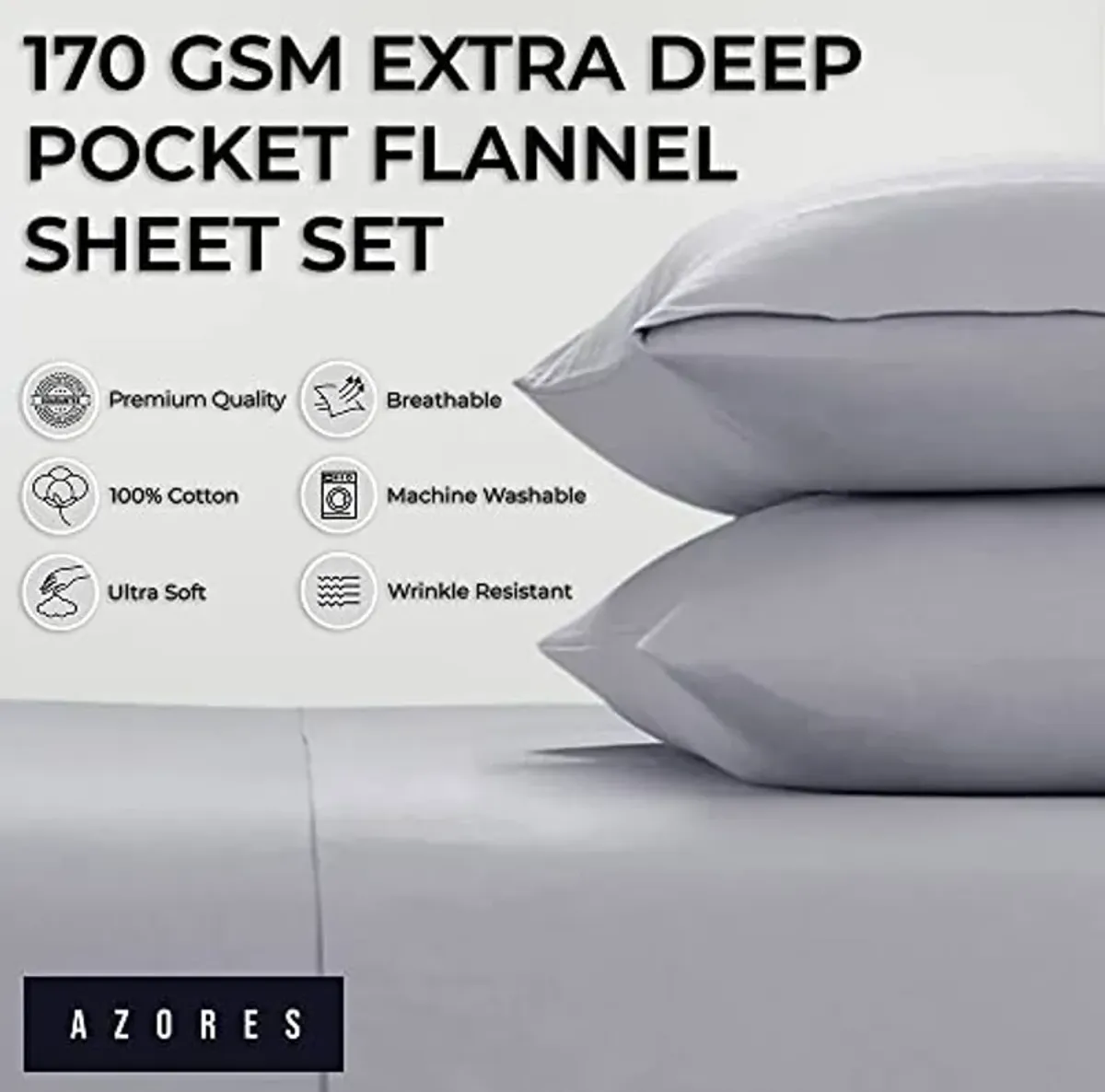 Tribeca Living Solid Flannel Full Sheet Set, Super Soft 100% Cotton, Extra Deep Pockets, Grey