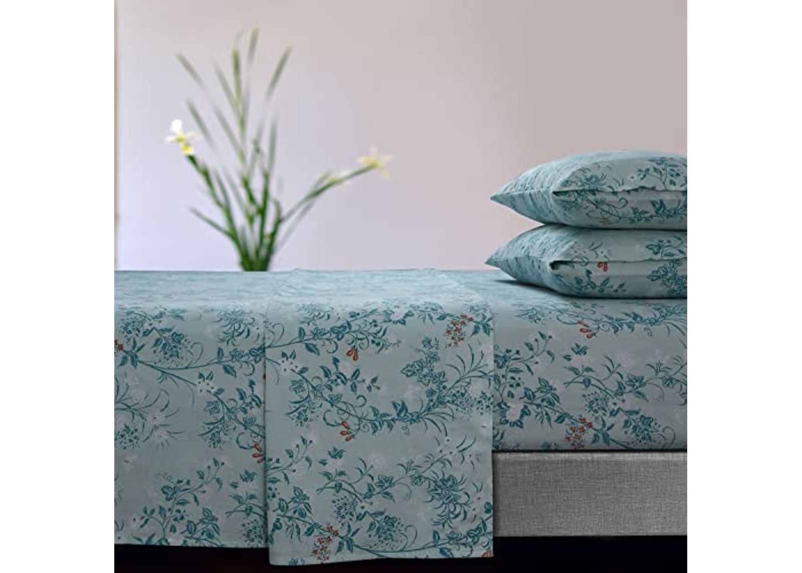 Tribeca Living Katy Floral 170-GSM Flannel Extra Deep Pocket Sheet Set Queen Green, (KATYSHEQUBL)