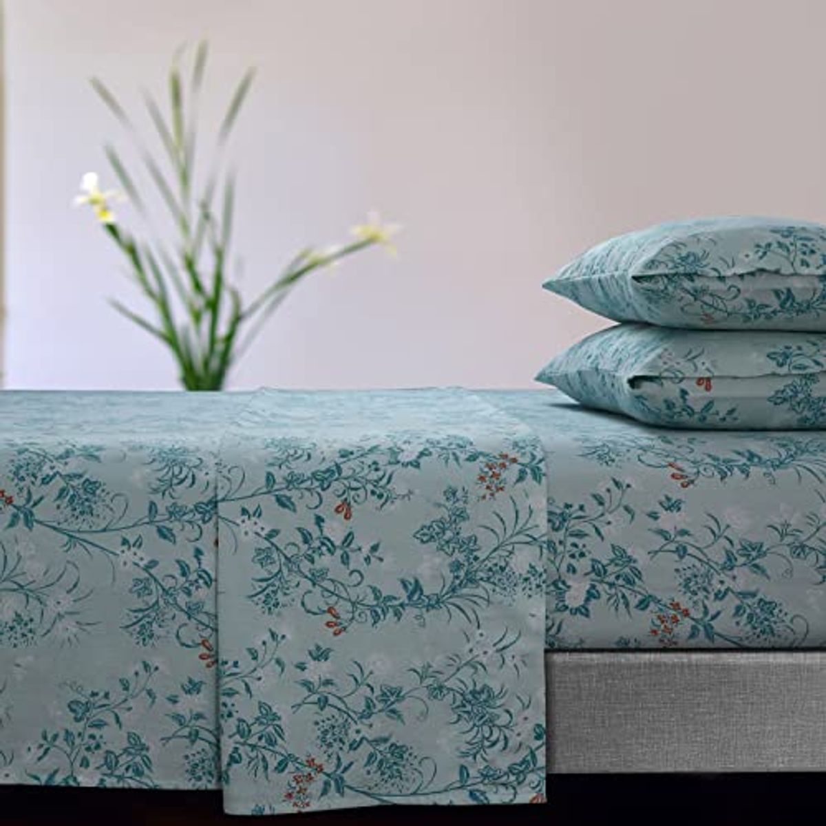 Tribeca Living Katy Floral 170-GSM Flannel Extra Deep Pocket Sheet Set Queen Green, (KATYSHEQUBL)