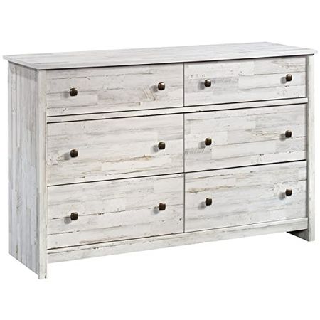 Sauder River Ranch Rustic 6-Drawer Bedroom Dresser in White Plank, White Plank Finish