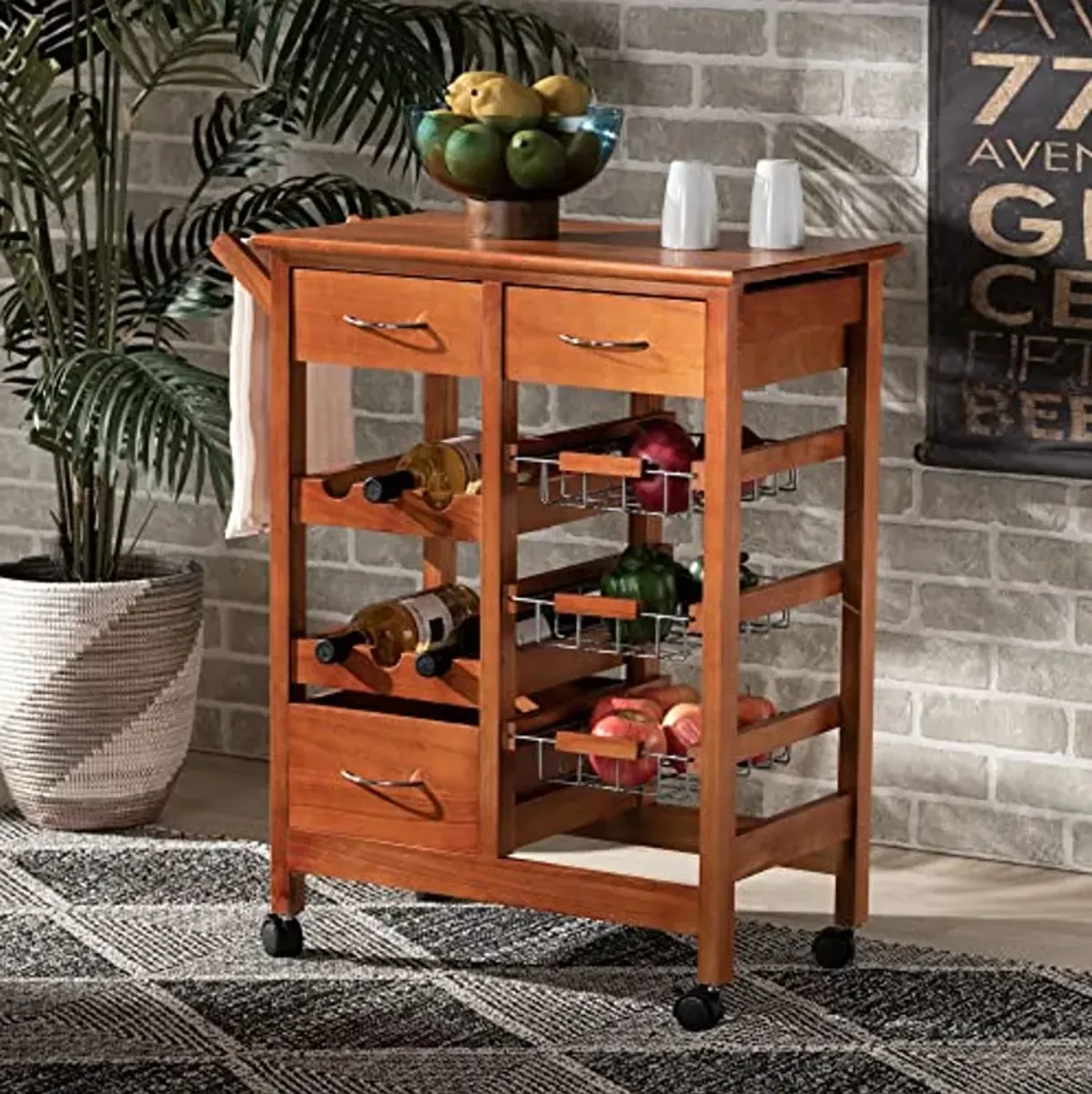 Baxton Studio Crayton Modern and Contemporary Oak Brown Finished Wood and Silver-Tone Metal Mobile Kitchen Storage Cart