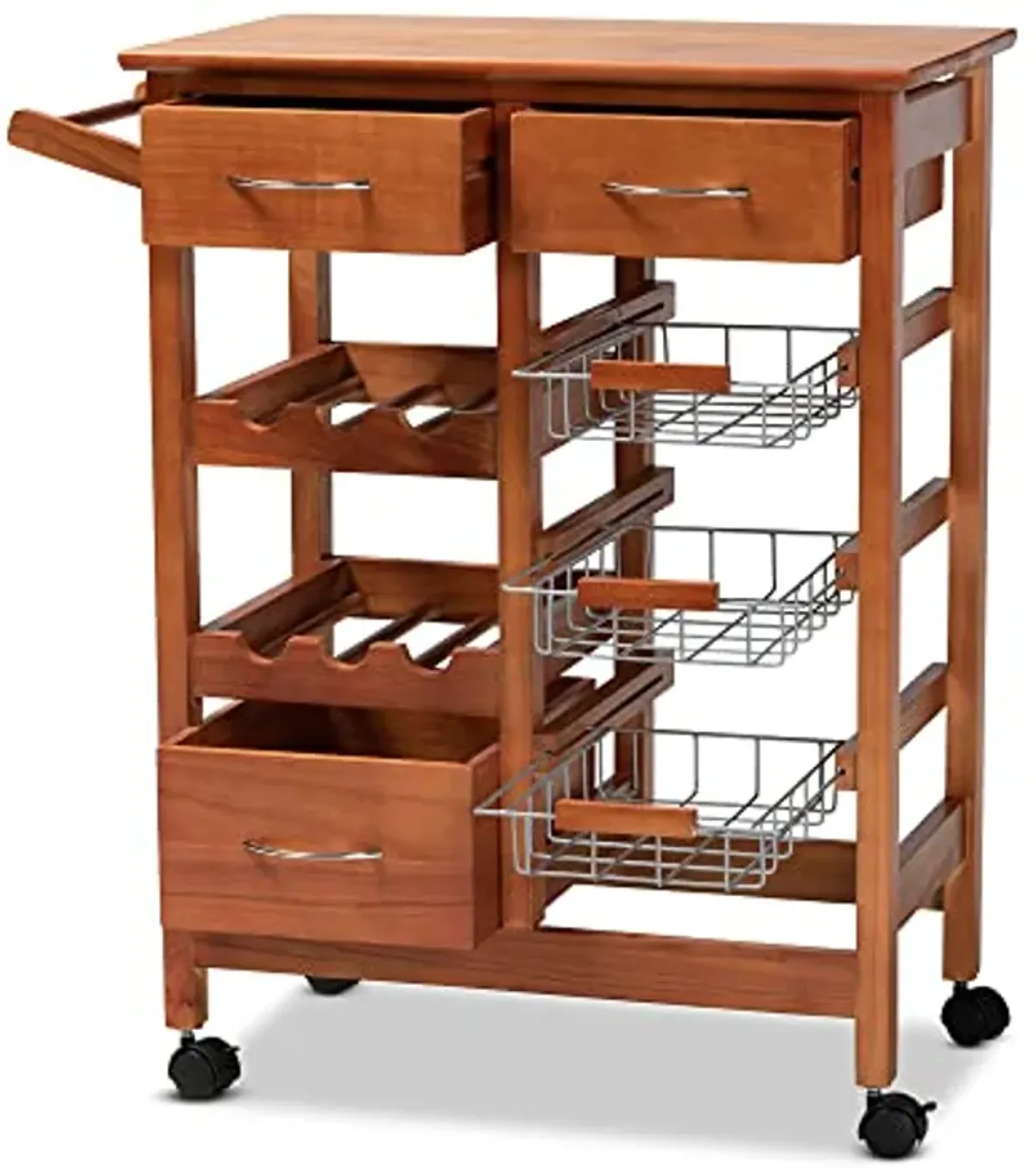 Baxton Studio Crayton Modern and Contemporary Oak Brown Finished Wood and Silver-Tone Metal Mobile Kitchen Storage Cart