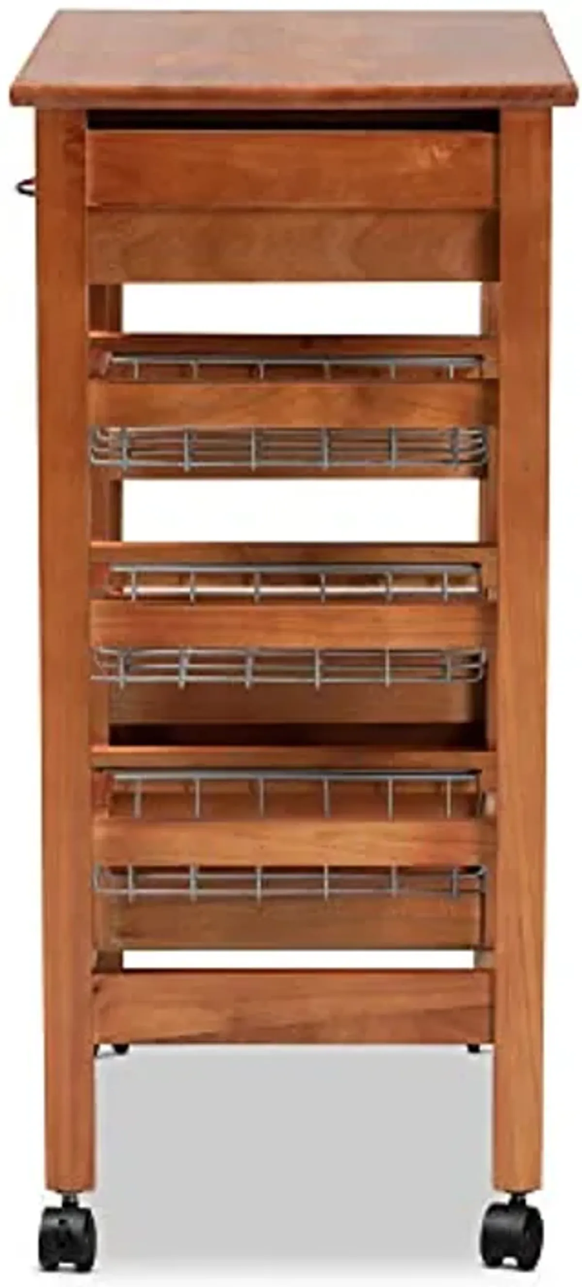 Baxton Studio Crayton Modern and Contemporary Oak Brown Finished Wood and Silver-Tone Metal Mobile Kitchen Storage Cart