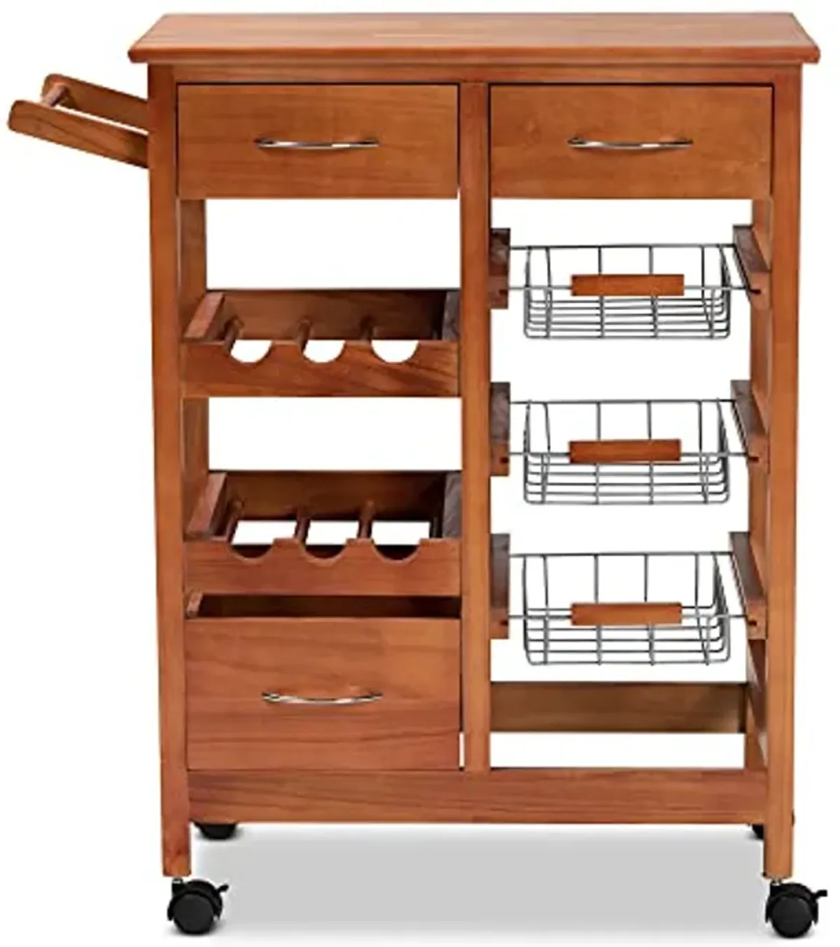 Baxton Studio Crayton Modern and Contemporary Oak Brown Finished Wood and Silver-Tone Metal Mobile Kitchen Storage Cart