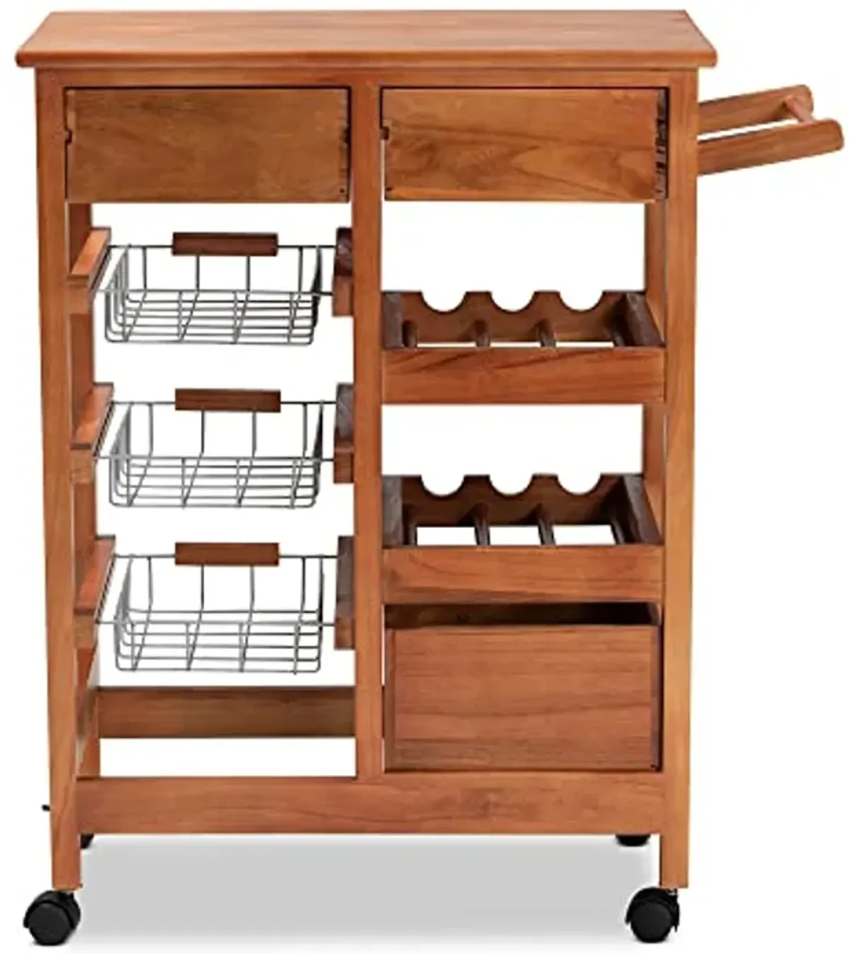 Baxton Studio Crayton Modern and Contemporary Oak Brown Finished Wood and Silver-Tone Metal Mobile Kitchen Storage Cart