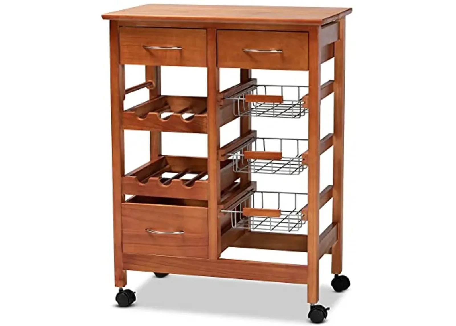 Baxton Studio Crayton Modern and Contemporary Oak Brown Finished Wood and Silver-Tone Metal Mobile Kitchen Storage Cart