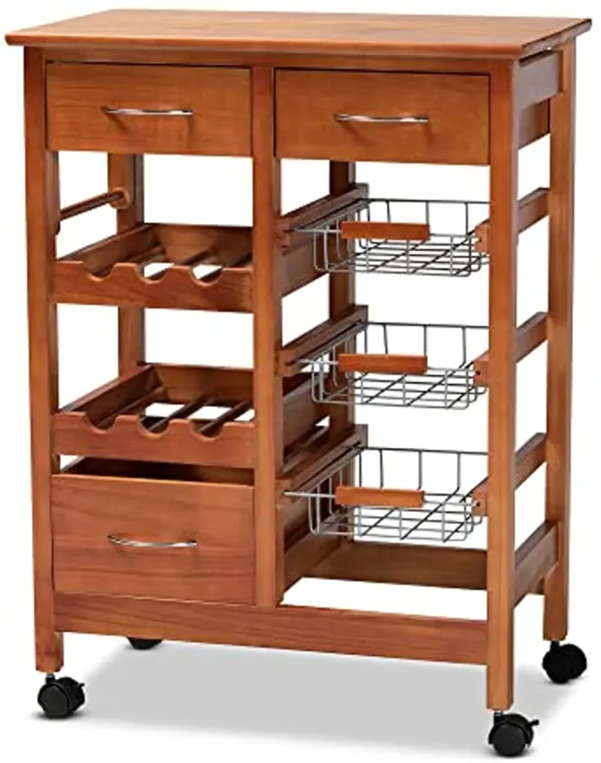 Baxton Studio Crayton Modern and Contemporary Oak Brown Finished Wood and Silver-Tone Metal Mobile Kitchen Storage Cart