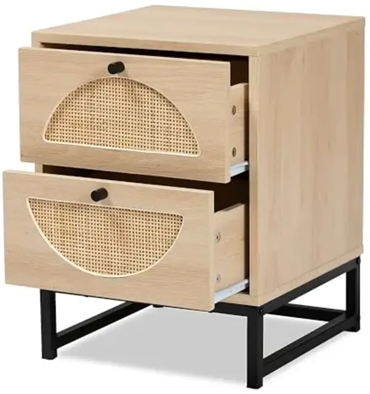 Baxton Studio Ardon Bohemian Light Brown Finished Wood and Black Metal 2-Drawer End Table with Natural Rattan