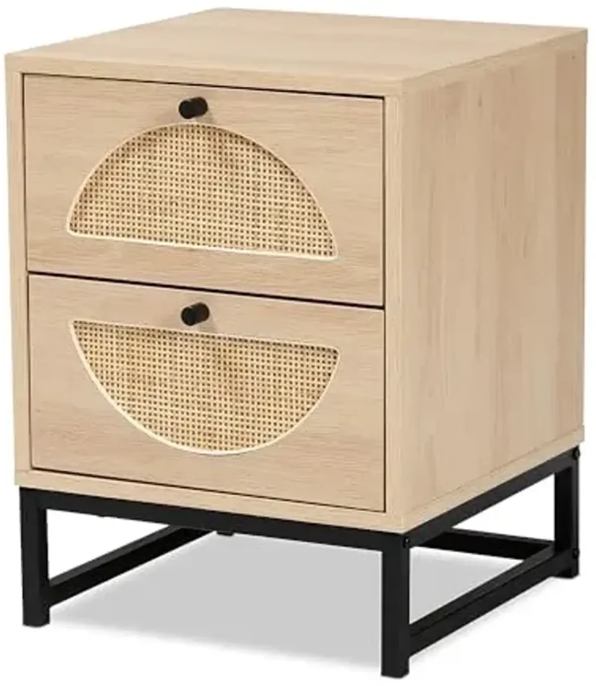 Baxton Studio Ardon Bohemian Light Brown Finished Wood and Black Metal 2-Drawer End Table with Natural Rattan