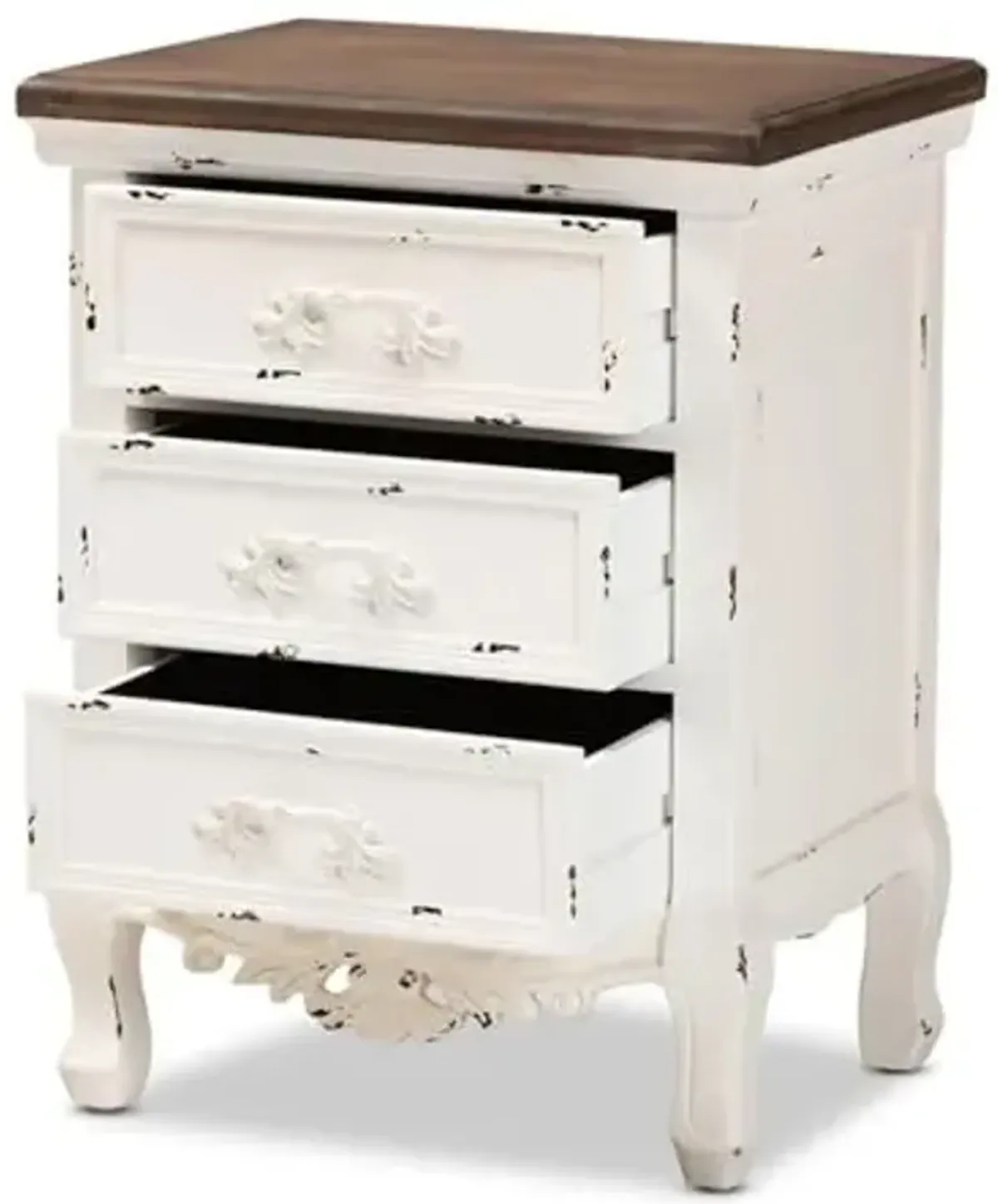 Baxton Studio Levron Classic and Traditional Walnut Brown and Antique White Finished Wood 3-Drawer Nightstand