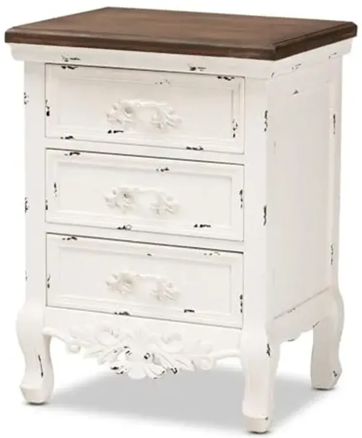 Baxton Studio Levron Classic and Traditional Walnut Brown and Antique White Finished Wood 3-Drawer Nightstand