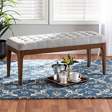Baxton Studio Walsh Mid-Century Modern Grey Fabric Upholstered and Walnut Brown Finished Wood Dining Bench