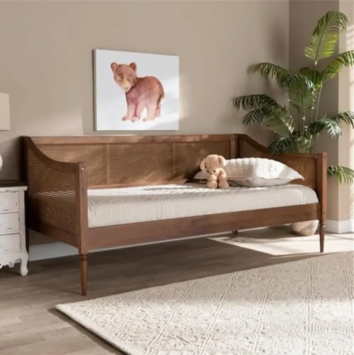 Baxton Studio Ogden Mid-Century Modern Walnut Brown Finished Wood and Synthetic Rattan Twin Size Daybed