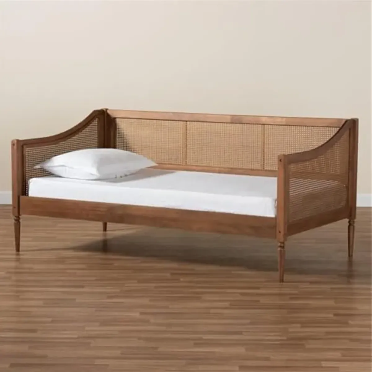 Baxton Studio Ogden Mid-Century Modern Walnut Brown Finished Wood and Synthetic Rattan Twin Size Daybed