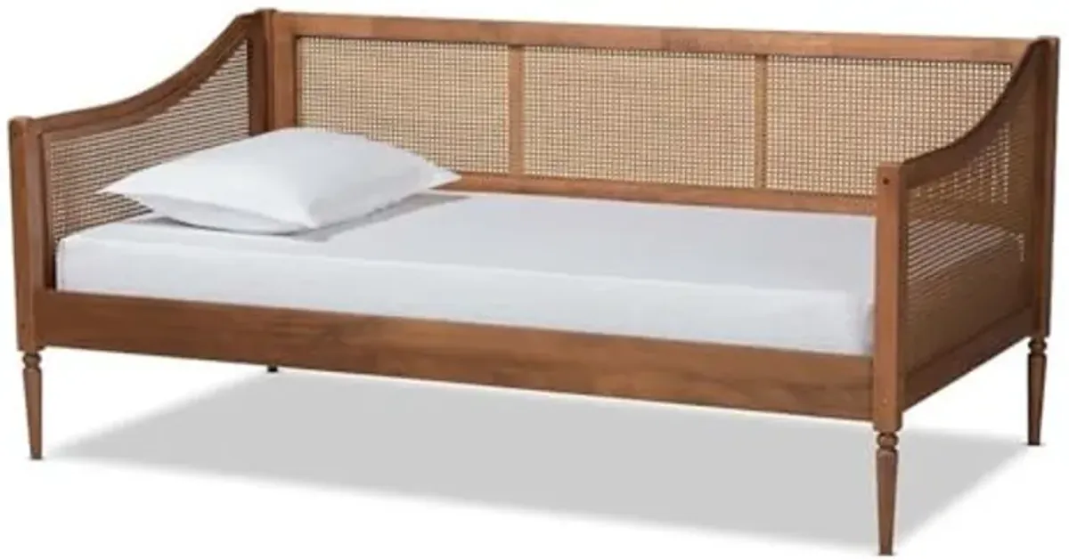 Baxton Studio Ogden Mid-Century Modern Walnut Brown Finished Wood and Synthetic Rattan Twin Size Daybed