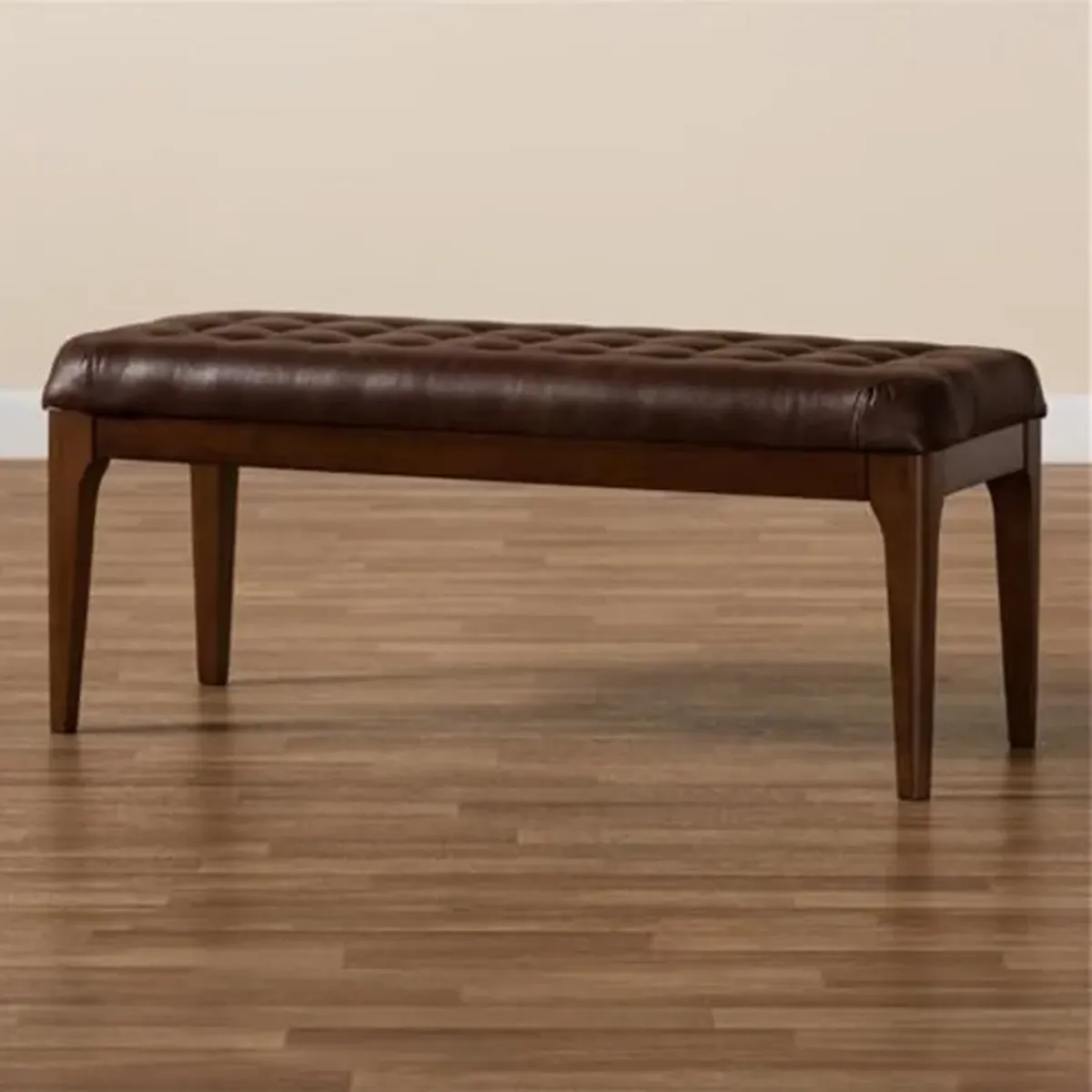 Baxton Studio Walsh Mid-Century Modern Dark Brown Faux Leather Upholstered and Walnut Brown Finished Wood Dining Bench