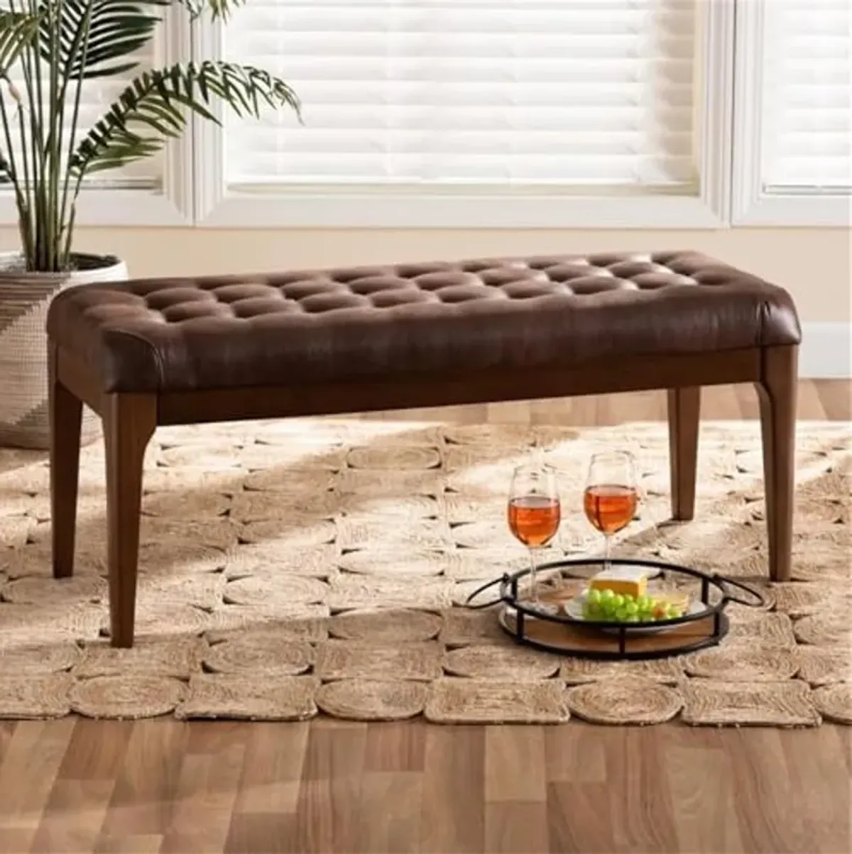 Baxton Studio Walsh Mid-Century Modern Dark Brown Faux Leather Upholstered and Walnut Brown Finished Wood Dining Bench