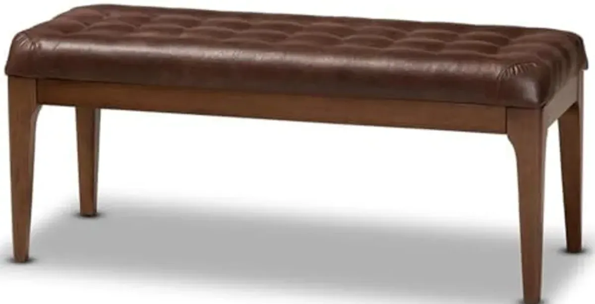 Baxton Studio Walsh Mid-Century Modern Dark Brown Faux Leather Upholstered and Walnut Brown Finished Wood Dining Bench