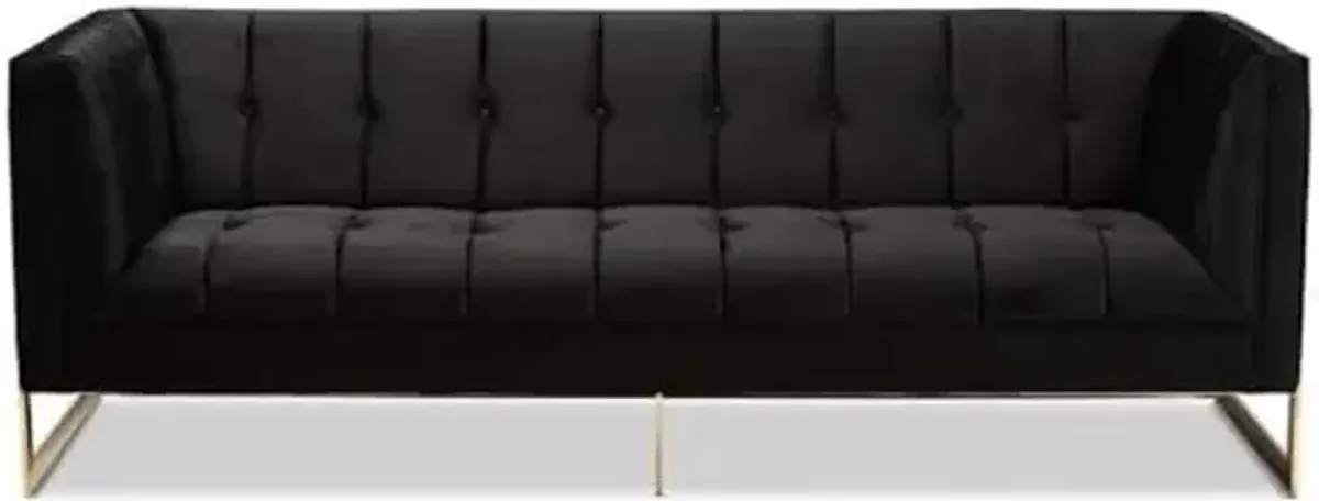 Baxton Studio Ambra Glam and Luxe Black Velvet Upholstered and Button Tufted Sofa with Gold-Tone Frame