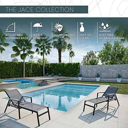 MOD Furniture Jace Outdoor Aluminum Chaise Lounge with Faux Wood Accent Arms Sling-JACECHS-Gry, Grey/Brown