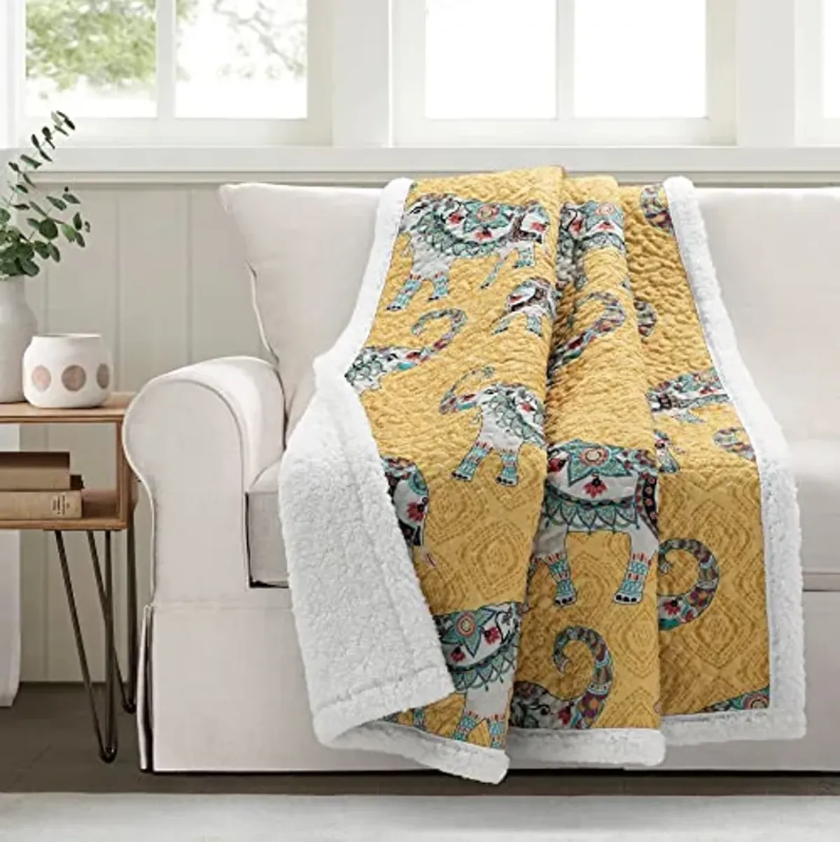 Lush Decor Hati Elephants Sherpa Throw Blanket, 60" x 50", Yellow