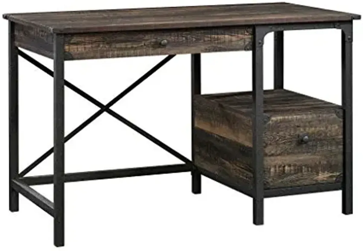 Sauder Steel River Desk, Industrial Office Desk with Two Drawers and Open Shelf - Carbon Oak Finish