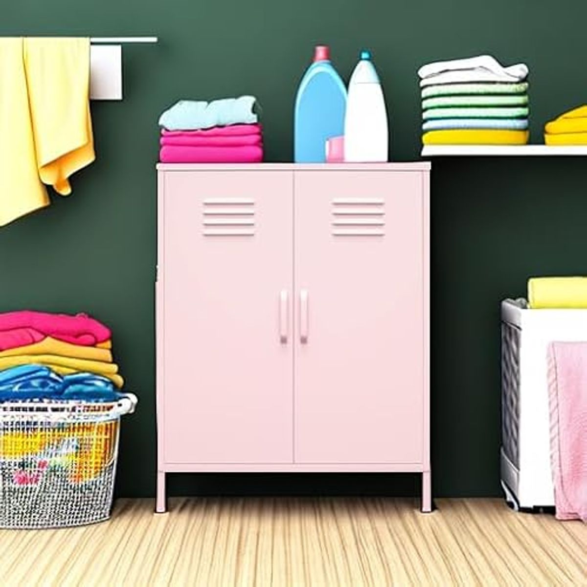 Novogratz Cache 2 Door Metal Locker Style Storage Accent Cabinet, Bashful Pink