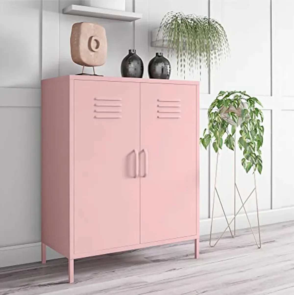 Novogratz Cache 2 Door Metal Locker Style Storage Accent Cabinet, Bashful Pink