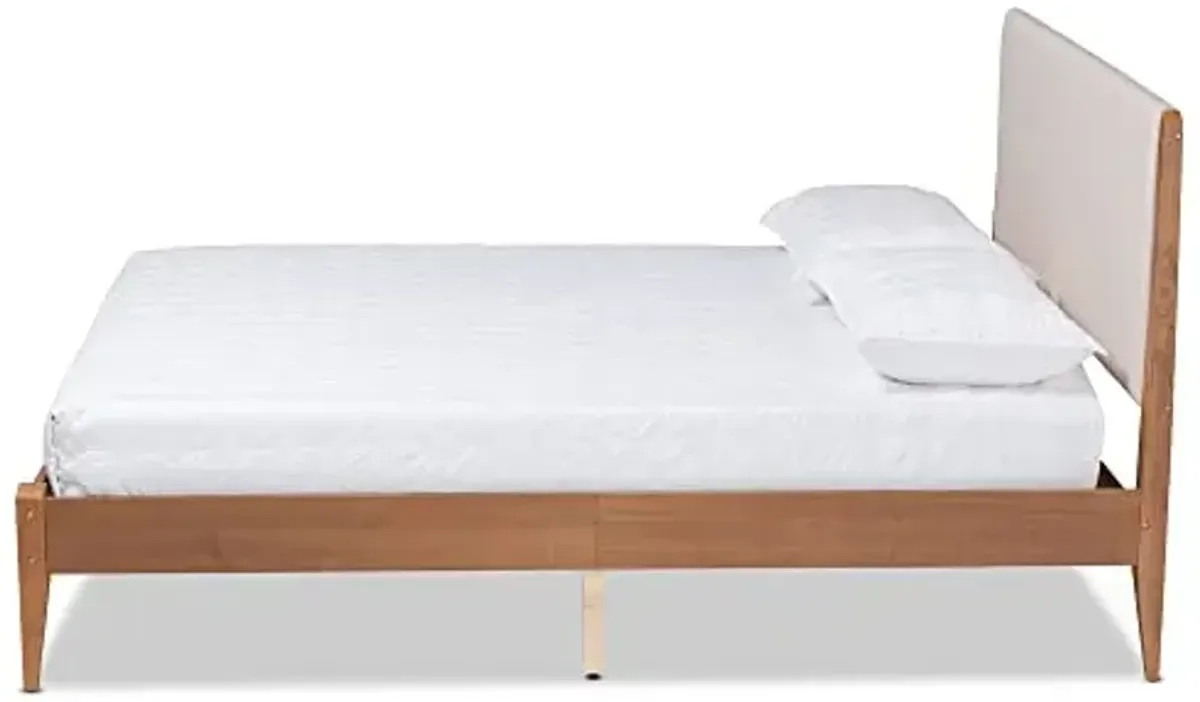 Baxton Studio Lenora Mid-Century Modern Beige Fabric Upholstered and Walnut Brown Finished Wood Full Size Platform Bed