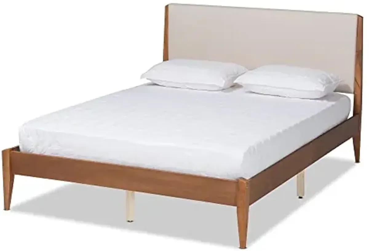 Baxton Studio Lenora Mid-Century Modern Beige Fabric Upholstered and Walnut Brown Finished Wood Full Size Platform Bed