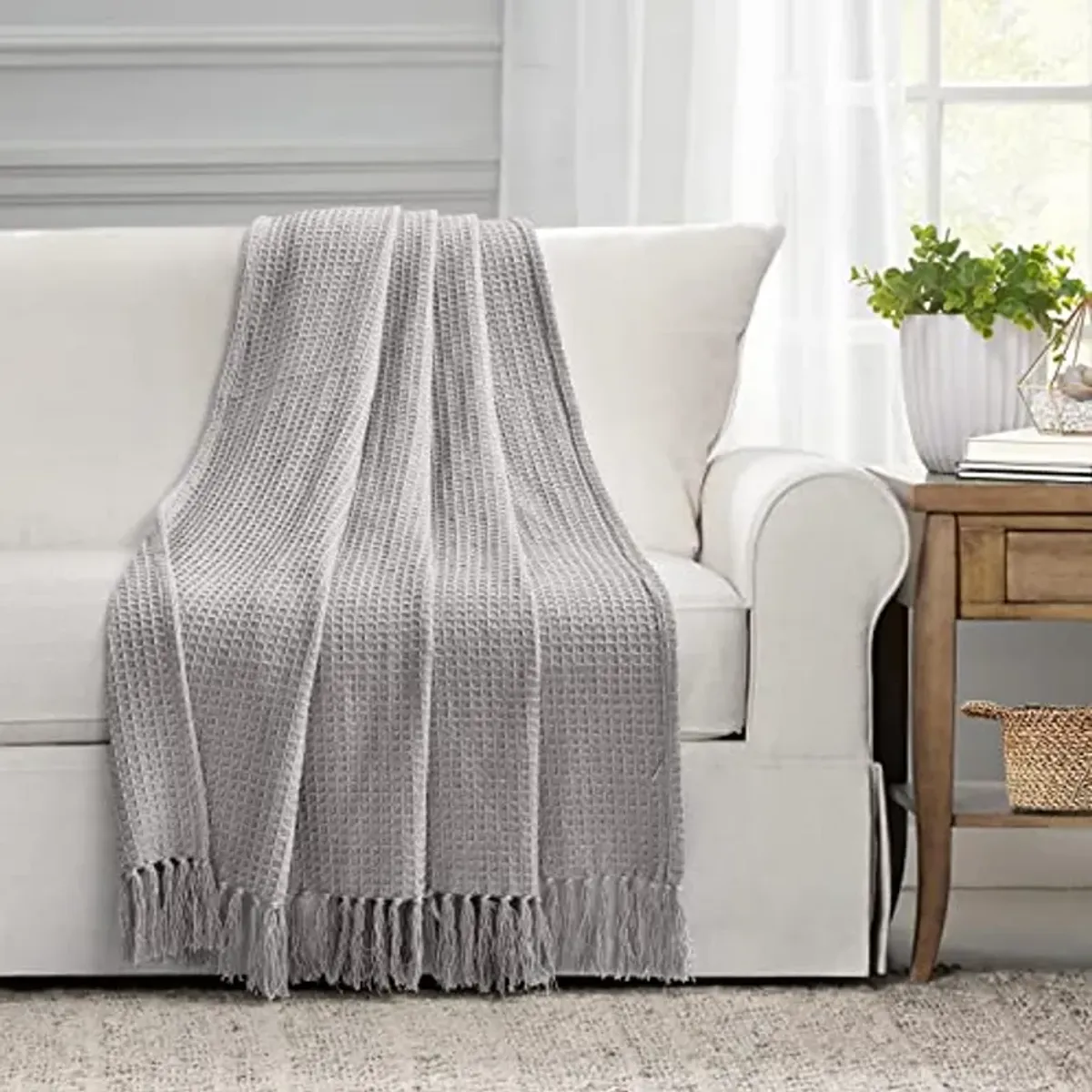 Lush Decor Waffle Cotton Knit Throw Blanket, 60" x 50", Light Gray