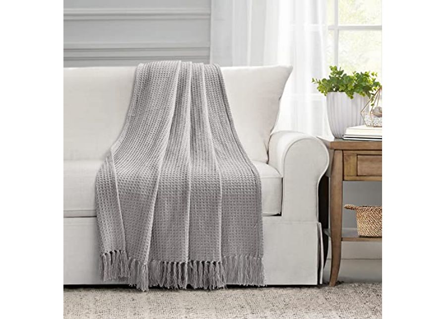 Lush Decor Waffle Cotton Knit Throw Blanket, 60" x 50", Light Gray