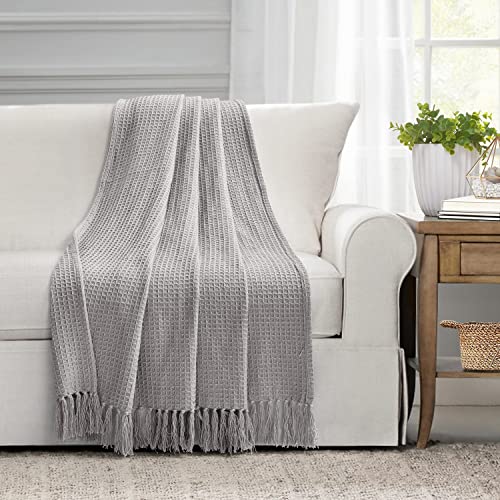 Lush Decor Waffle Cotton Knit Throw Blanket, 60" x 50", Light Gray