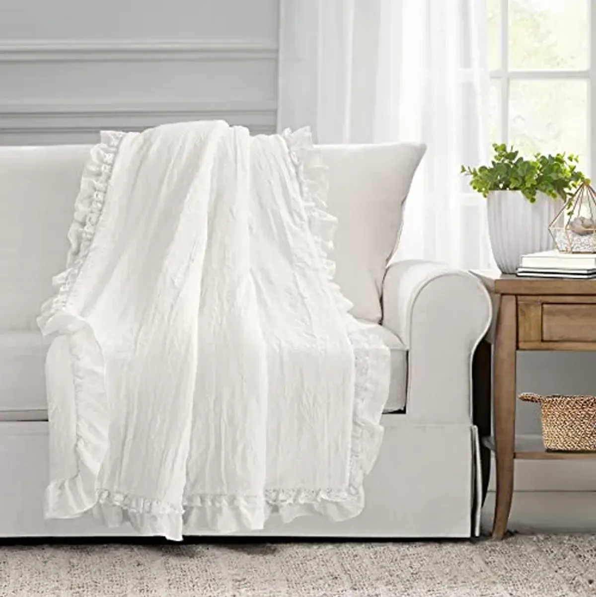 Lush Decor Ella Shabby Chic Ruffle Lace Blanket, 60" x 50", White