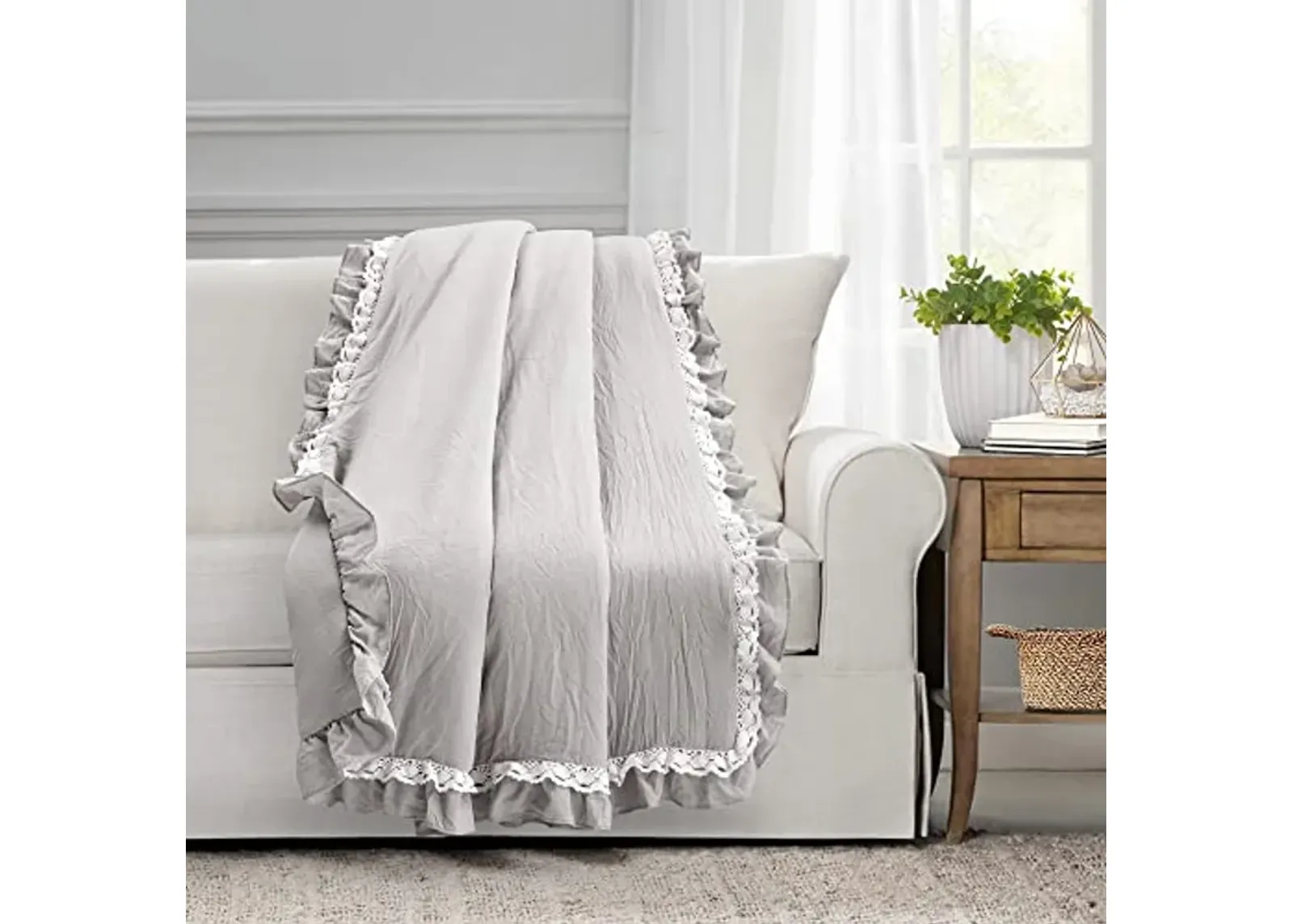 Lush Decor Ella Vintage Chic Ruffle Lace Blanket, 60" x 50", Light Gray