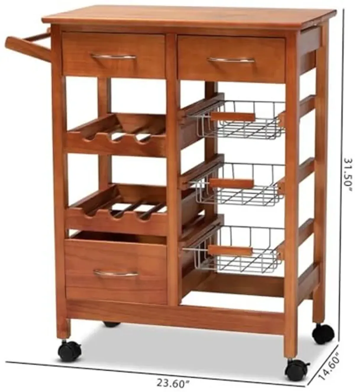 Baxton Studio Crayton Modern and Contemporary Oak Brown Finished Wood and Silver-Tone Metal Mobile Kitchen Storage Cart