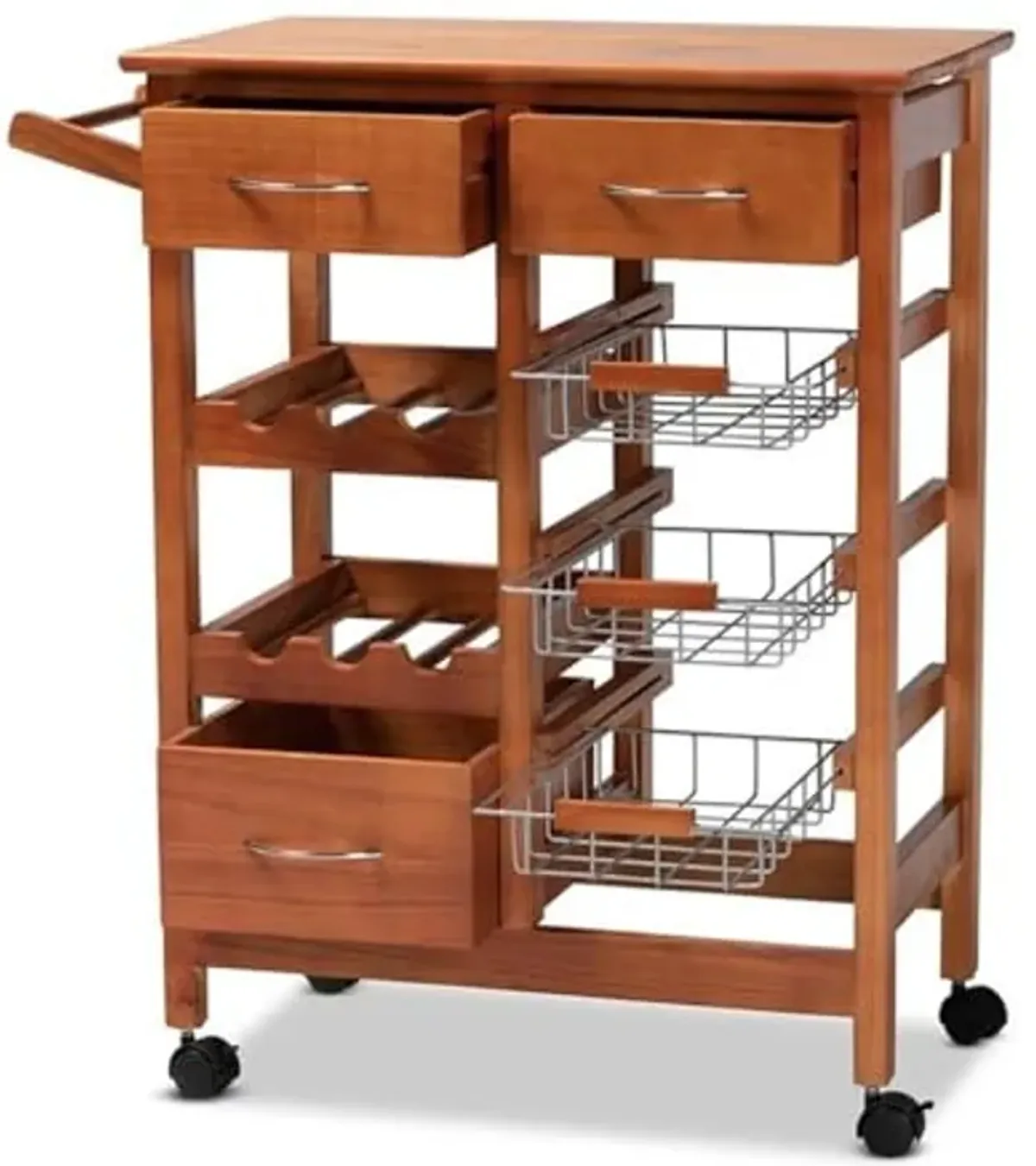 Baxton Studio Crayton Modern and Contemporary Oak Brown Finished Wood and Silver-Tone Metal Mobile Kitchen Storage Cart