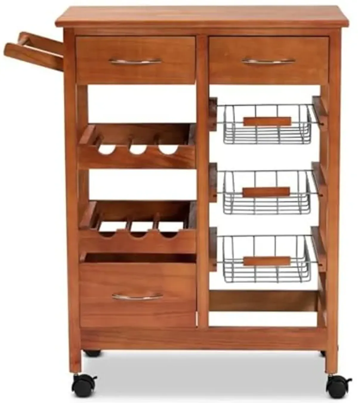 Baxton Studio Crayton Modern and Contemporary Oak Brown Finished Wood and Silver-Tone Metal Mobile Kitchen Storage Cart