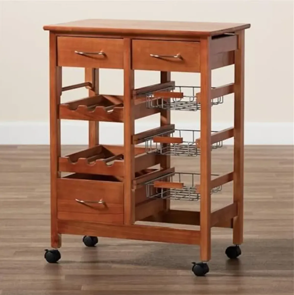 Baxton Studio Crayton Modern and Contemporary Oak Brown Finished Wood and Silver-Tone Metal Mobile Kitchen Storage Cart