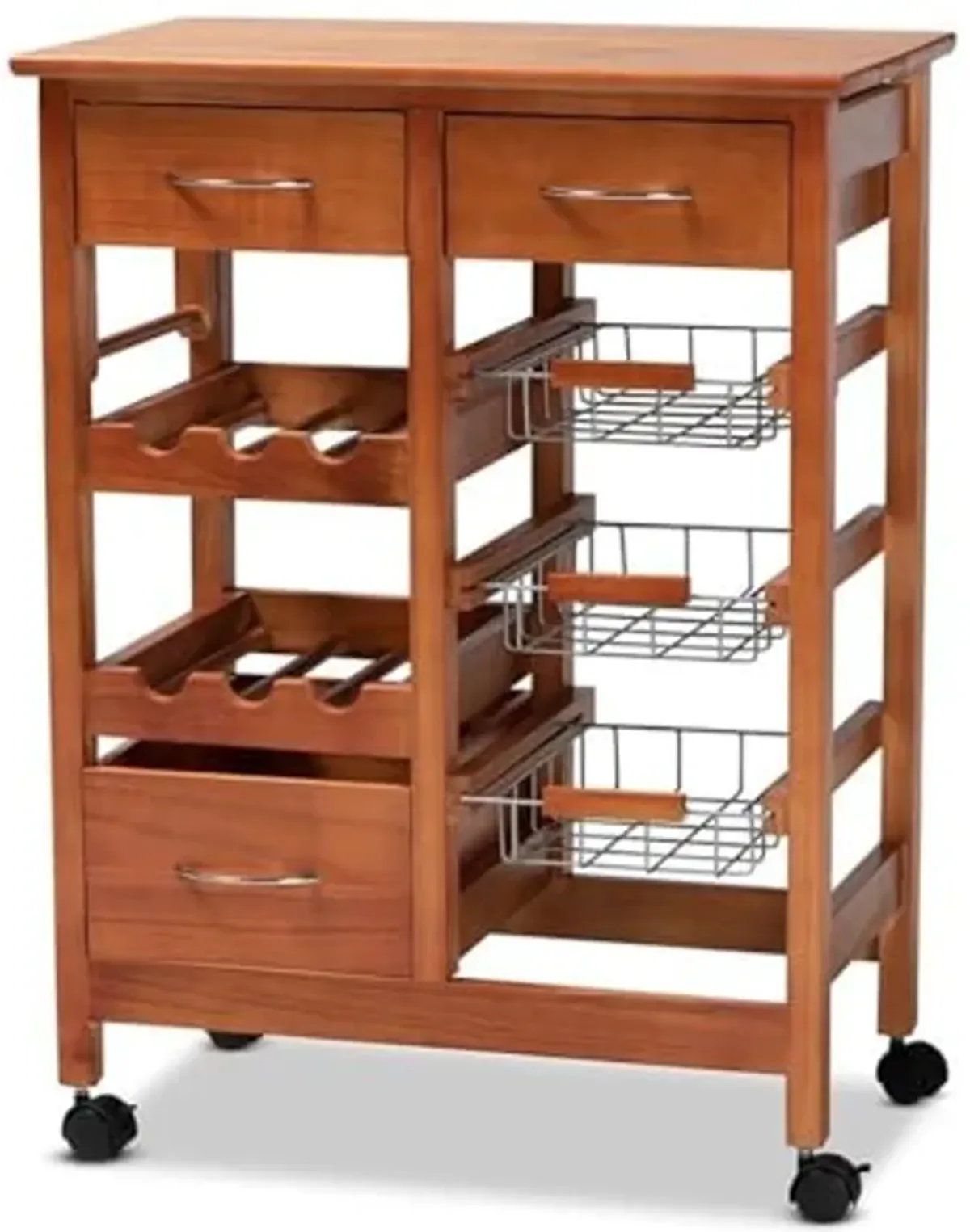 Baxton Studio Crayton Modern and Contemporary Oak Brown Finished Wood and Silver-Tone Metal Mobile Kitchen Storage Cart