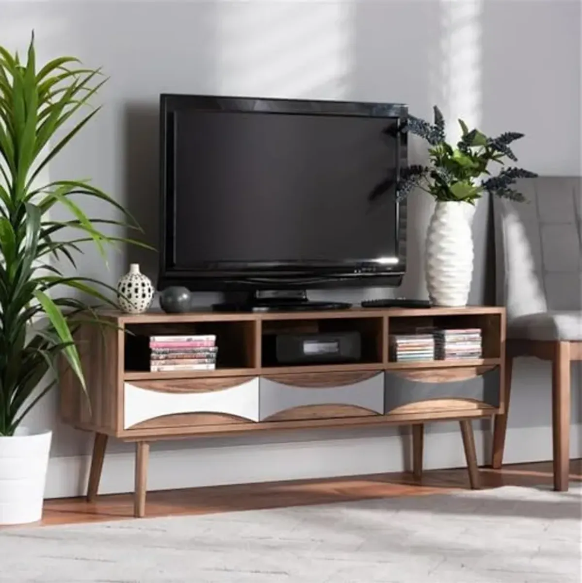 Baxton Studio Leane Modern and Contemporary Natural Brown Finished and Multi-Colored Wood 3-Drawer TV Stand