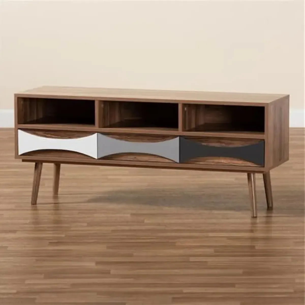 Baxton Studio Leane Modern and Contemporary Natural Brown Finished and Multi-Colored Wood 3-Drawer TV Stand