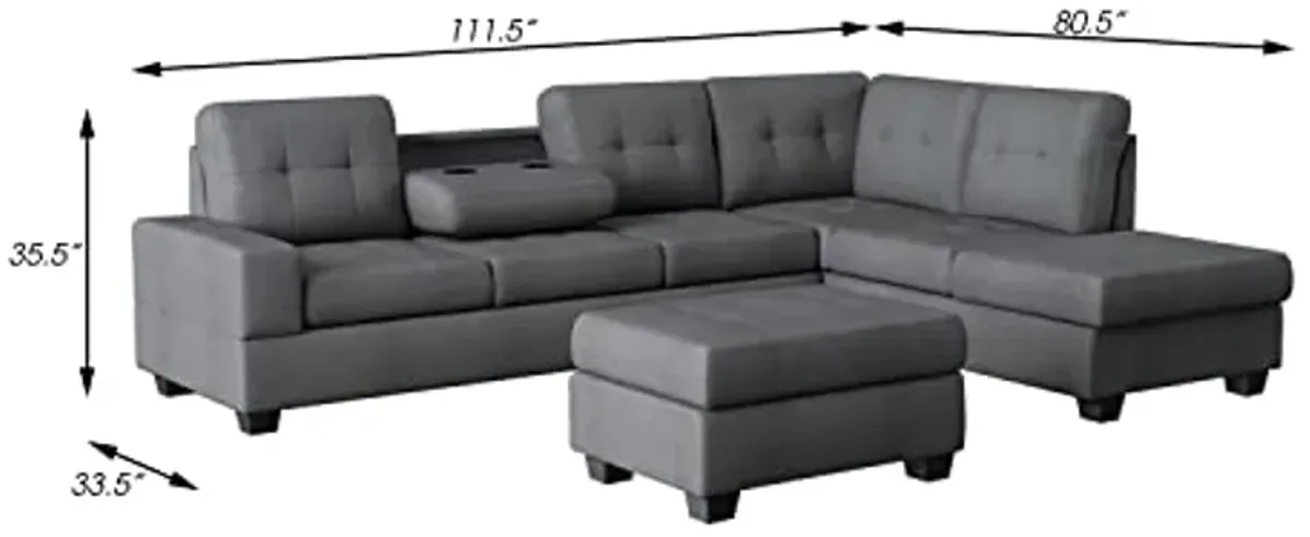 Lexicon Atlantis Tufted Fabric 3-Piece Reversible Sectional with Ottoman Set, Dark Gray