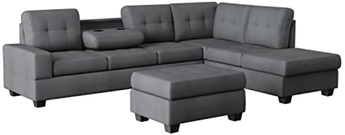 Lexicon Atlantis Tufted Fabric 3-Piece Reversible Sectional with Ottoman Set, Dark Gray