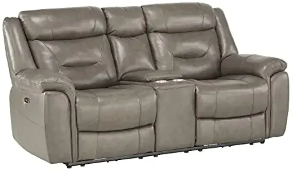 Lexicon Finlay Top Grain Leather Power Double Reclining Love Seat with Center Console, Brownish Gray