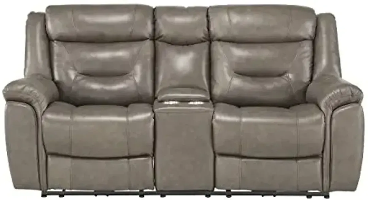 Lexicon Finlay Top Grain Leather Power Double Reclining Love Seat with Center Console, Brownish Gray